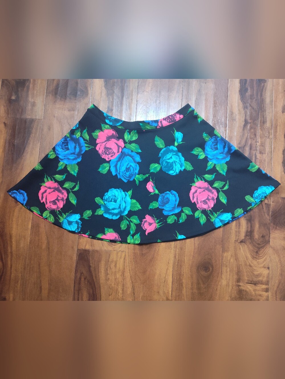 Forever 21 Black Skater Skirt with Blue & Pink Floral Print